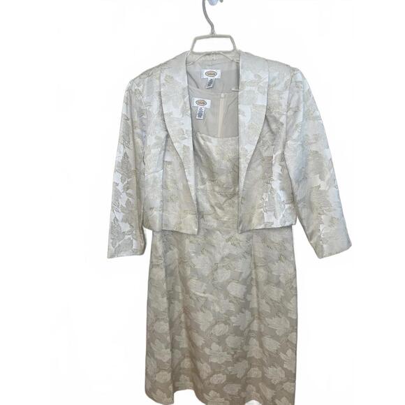 Talbots Dresses & Skirts - Talbots Dress and Matching Cropped Jacket Set Size 16 Ivory Gold Floral Brocade